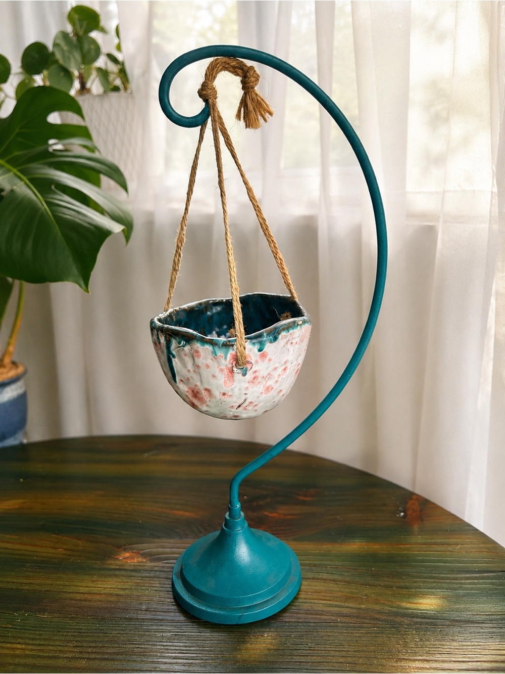 Handmade Ceramic Hanging Planter with Metal Stand 18” Boho Plant Holder